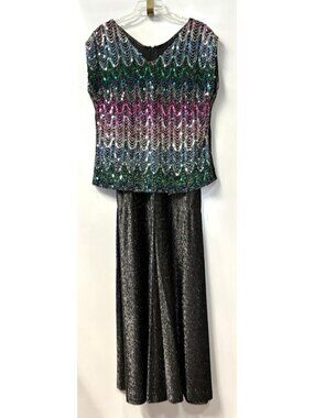Vintage Lerner Black Sequin Formal Dress Long Gown Metallic Shiny Women's Large